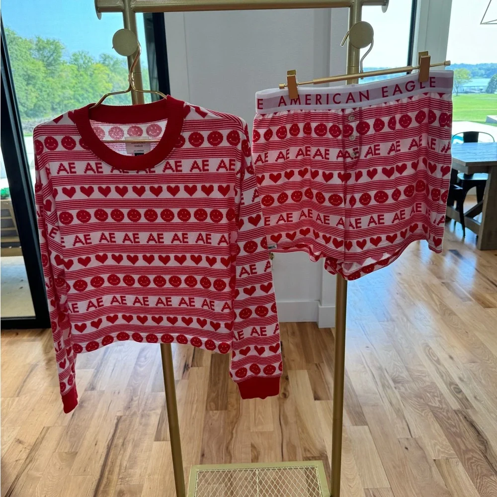 American Eagle Outfitters Red & White AE Heart Print Pajama Set